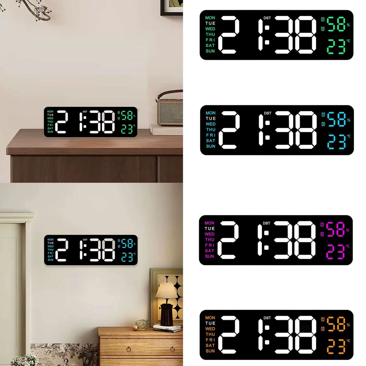 Large LED Digital Wall Clock – With Temperature, Humidity & Week Display