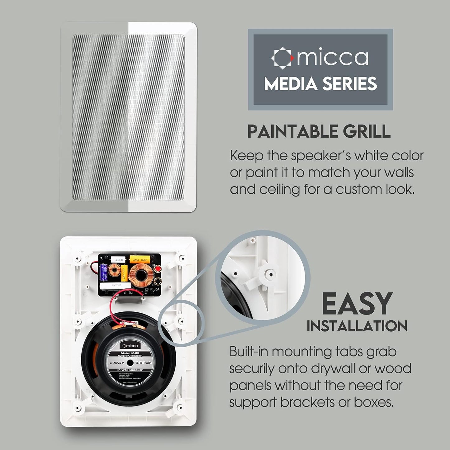 M-6S 6.5 Inch 2-Way In-Wall Speaker for Home Theater, Whole House Audio, Indoor or Covered Outdoor Areas, 6.5" Poly Woofer, 1" Pivoting Silk Tweeter, White, Paintable, Each